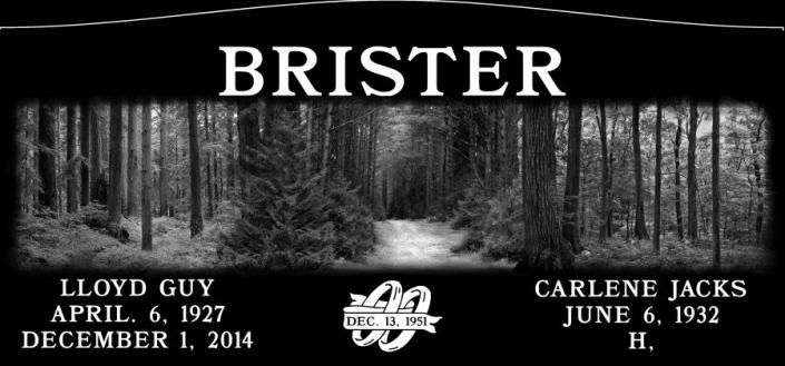 Brister cemetery headstone with names Lloyd Guy and Carlene Jacks over a forest scene