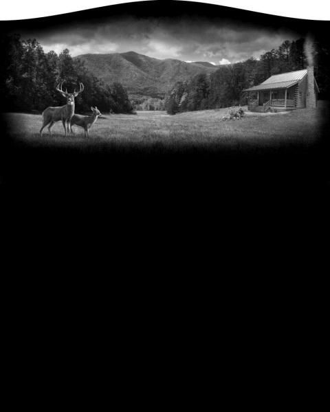 Black-and-white scene of a rider on horseback near a cabin in a mountain valley.