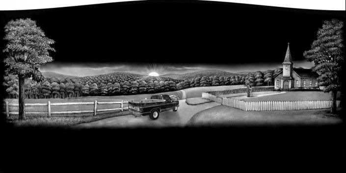 Black-and-white landscape with a car on a road, city lights in the distance, and a church by a fenced field
