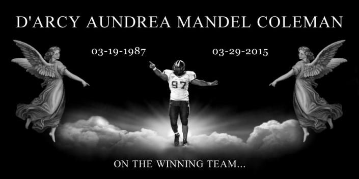 Memorial tribute for D'Arcy Aundrea Mandel Coleman, with angel figures, dates, and “On the winning team...”