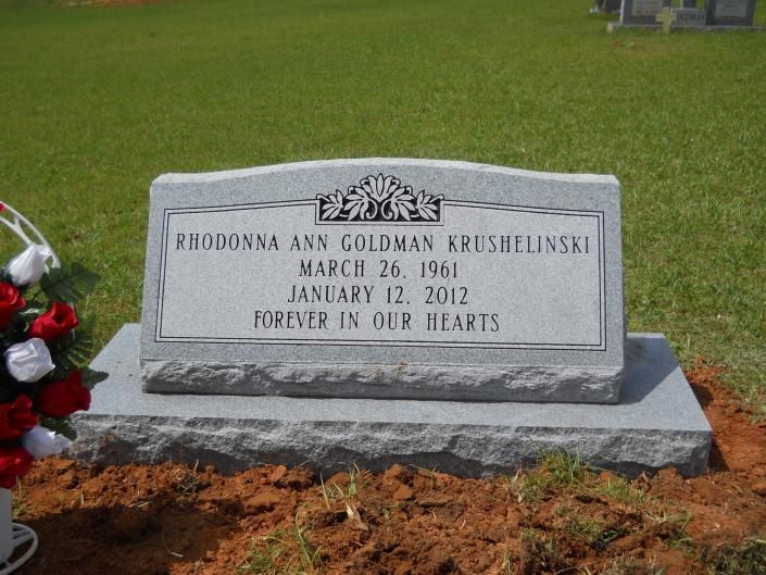 Gray headstone in a grassy cemetery with flowers at the left and freshly dug earth in front.