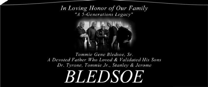 Memorial graphic with four portraits and tribute text for the Bledsoe family, on a black background