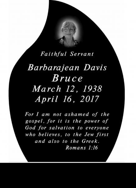 Black memorial card with prayer text for Barbara Jean Davis Bruce, March 12, 1938–April 16, 2017.