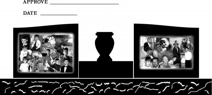 Two framed family photos on a shelf, with a vase centered between them and approval/date lines above.