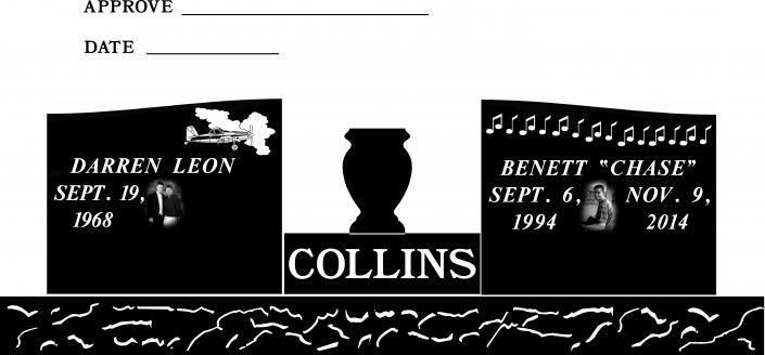 Black-and-white memorial graphic for Collins with names, dates, and a tombstone silhouette and cross.
