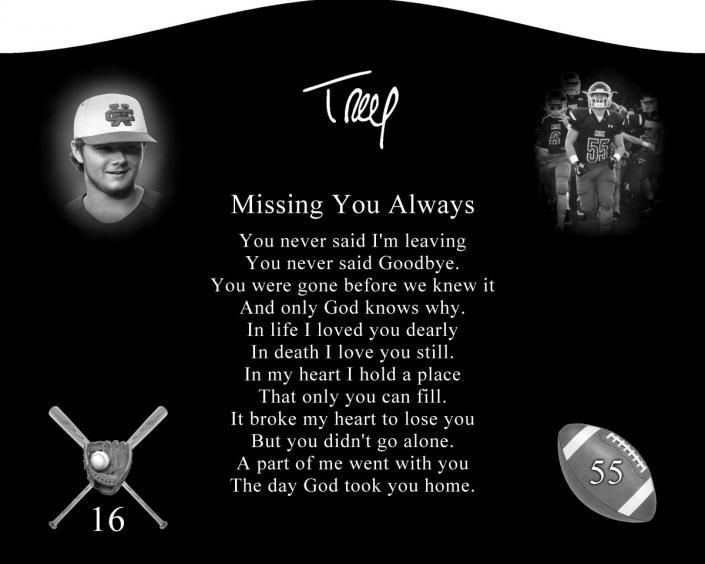 Black memorial tribute collage with poem, grayscale portrait, football jersey, and crossed baseball bats.