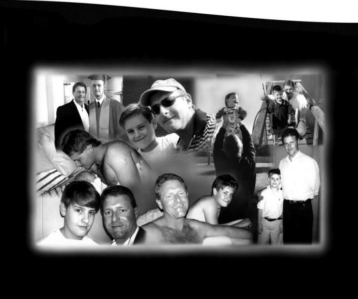 Black-and-white collage of several people posing closely together, with varied expressions and a dark vignette background