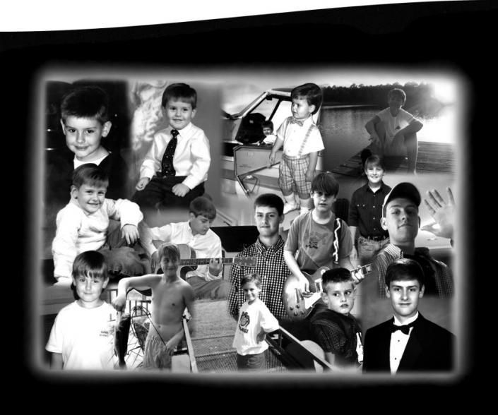 Collage of black-and-white photos showing a young boy in several poses and scenes.