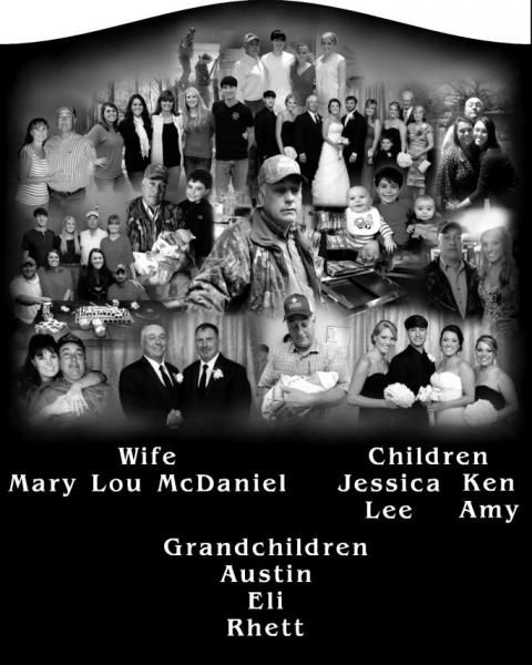 Collage of a family portrait with labels for wife, children, and grandchildren on a black background