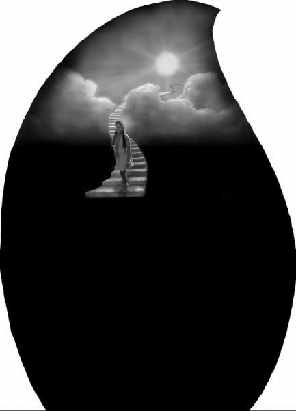 Silhouette of a cloaked figure on steps beneath a cloudy sky with a bright moon or sun.