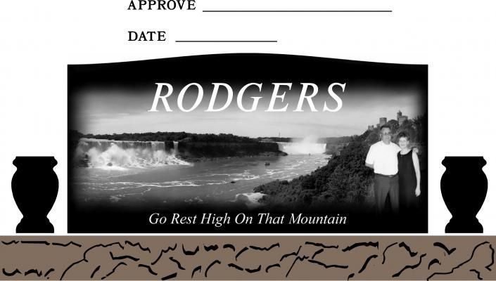 Rodgers sign with black-and-white landscape photo and slogan, flanked by vase silhouettes on a white background