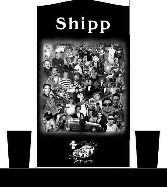 Black memorial poster reading “Shipp” with a collage of photos and two black vases on either side.