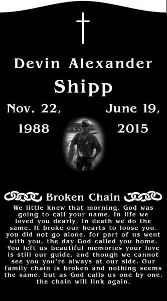 Memorial graphic for Devin Alexander Shipp with cross, dates, and tribute poem on black background