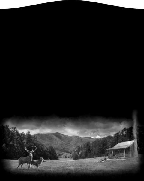 Black-and-white rural scene with a rider on horseback near a cabin in a mountain valley