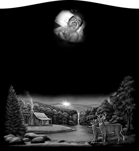 Black-and-white night scene of a cabin by a river, deer in the foreground, and a glowing sleeping baby in the sky