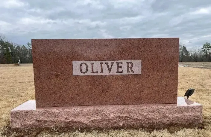 Memorial bench with the name “OLIVER” on a red stone base in a grassy cemetery under cloudy skies