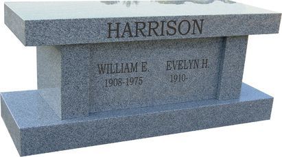 Gray granite double-headstone engraved HARRISON with William E. and Evelyn H. names and dates.