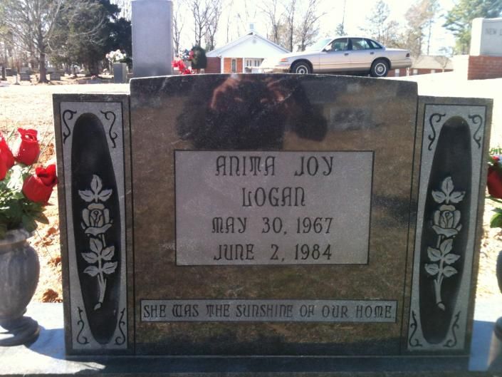 Memorial plaque with carved flowers and dates in a cemetery, honoring Adina Joy Logan, May 30, 1967–June 2, 1984.