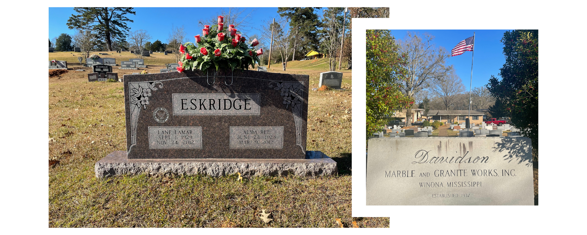 Two memorial headstones in a grassy cemetery, one with flowers and one with a small American flag.
