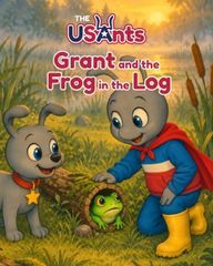 Cartoon cover of two gray ants and a green frog in grass at sunset, titled “The USAnts: Grant and the Frog in the Log”