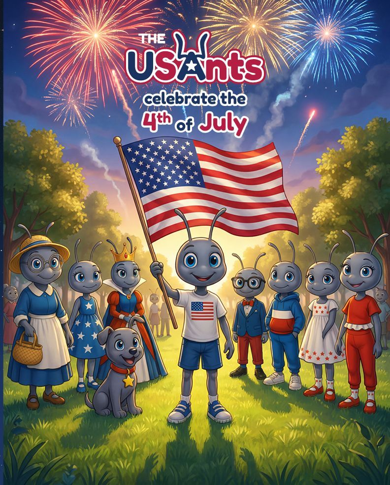 A cartoon ant in a red cap and blue jeans stands in a sunny forest near a rabbit and a jellybean.
