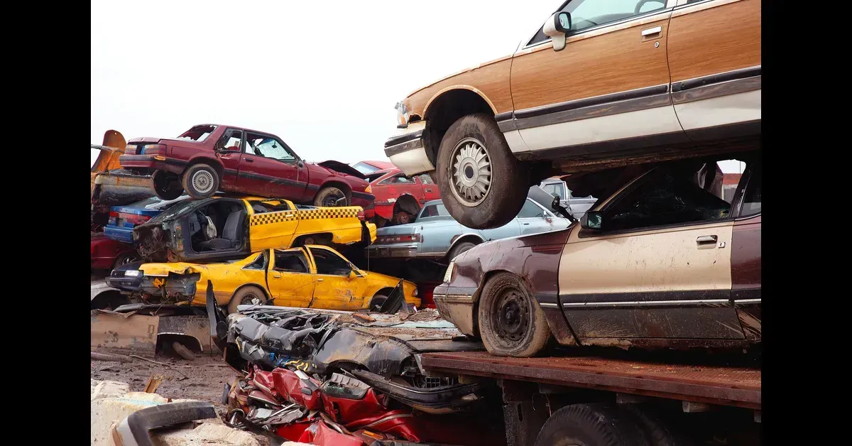 Stacked wrecked cars in a scrapyard, including a yellow car and a tan station wagon.