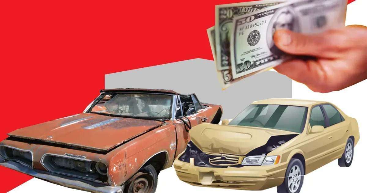 Two damaged cars with a hand holding cash above them on a red background