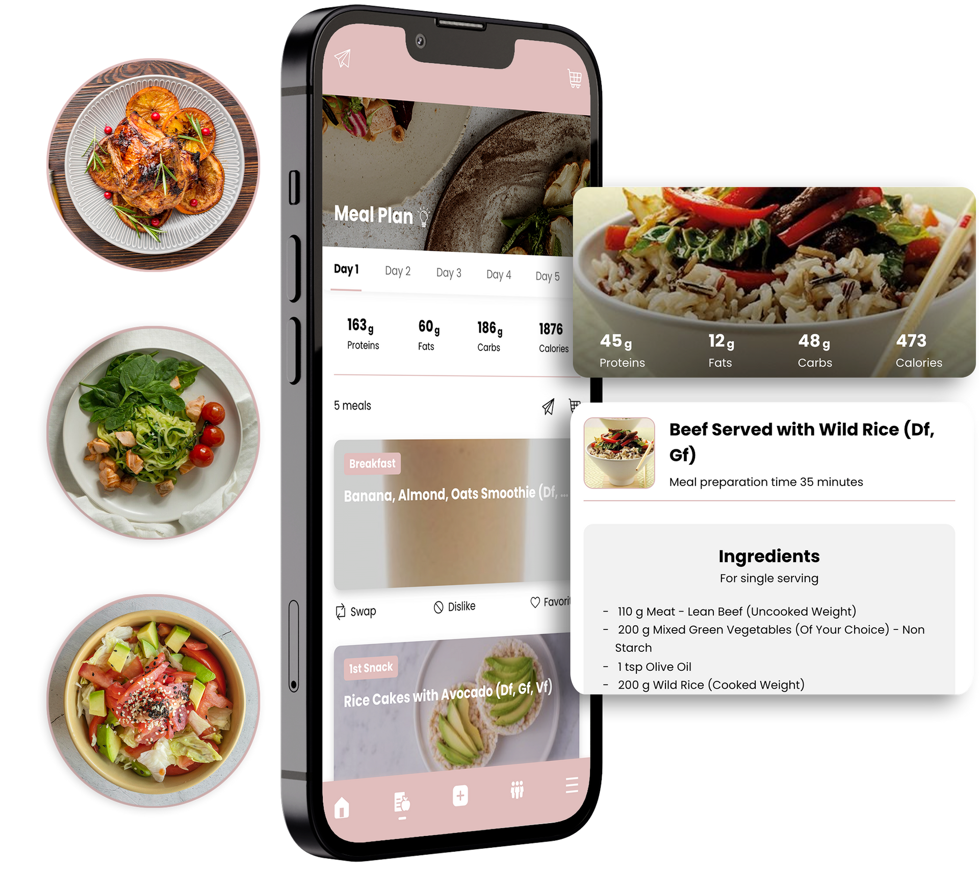 Smartphone app displaying meal recipes with dish images and nutritional info. Incredible as You App