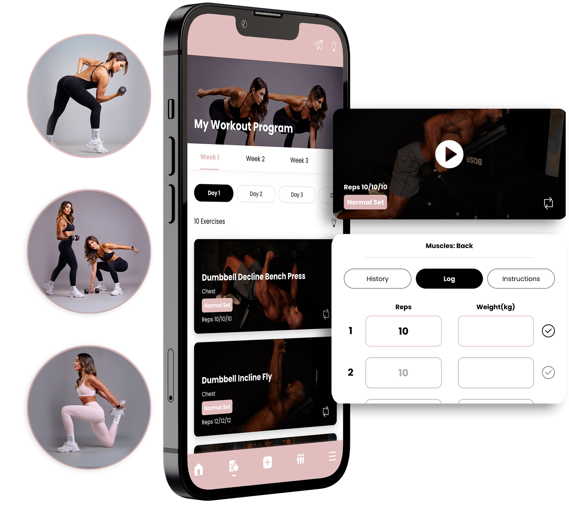 Mobile app showcasing workout videos, alongside images of women exercising. Incredible as You App