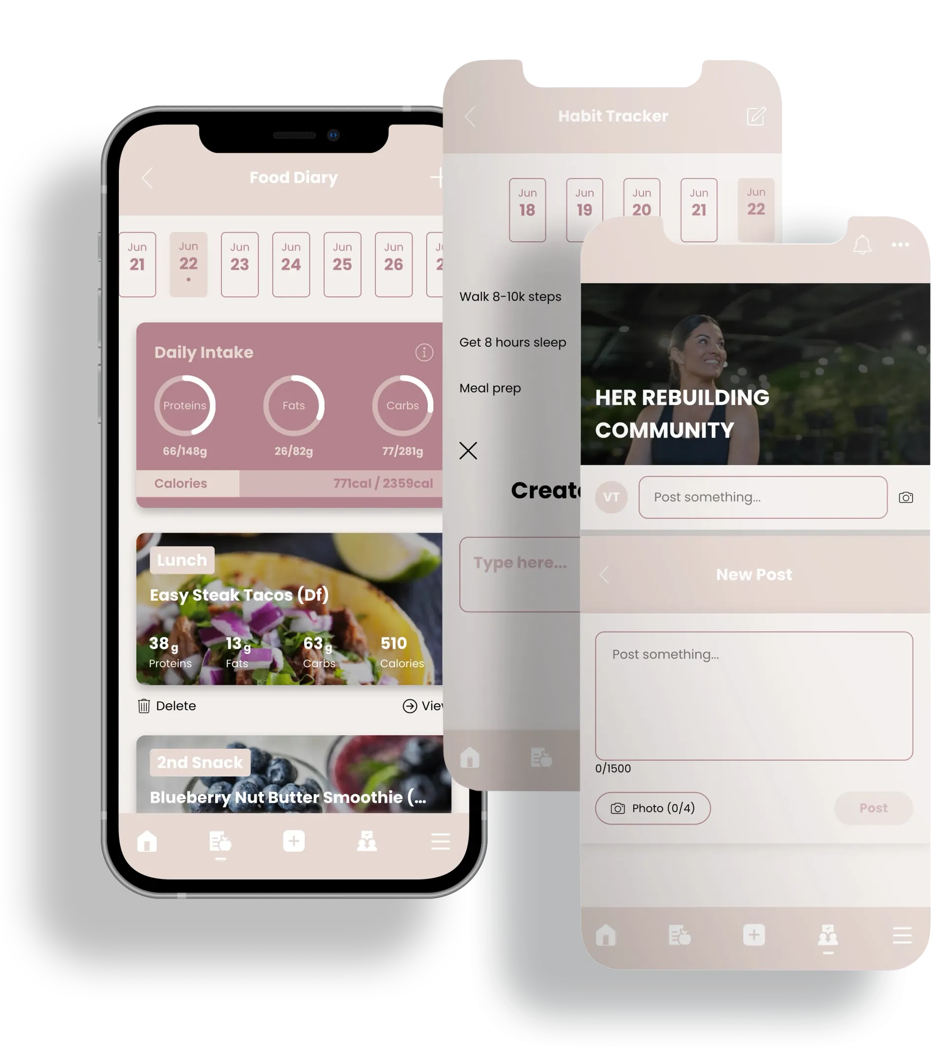 Two pastel mobile app screens showing a rose-toned community dashboard and feed interface