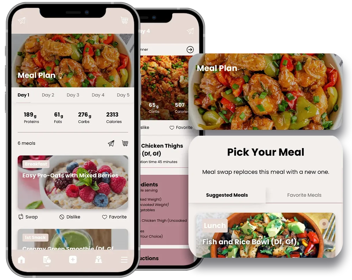 Mobile meal-planning app screens with colorful food photos and “Pick Your Meal” card layout
