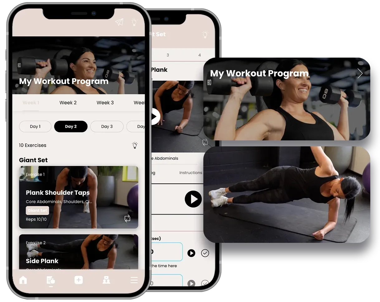 Fitness app screens showing a workout program with exercise photos on smartphones