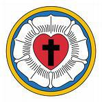 Lutheran Rose emblem: white rose, red heart with black cross, blue and gold circles.