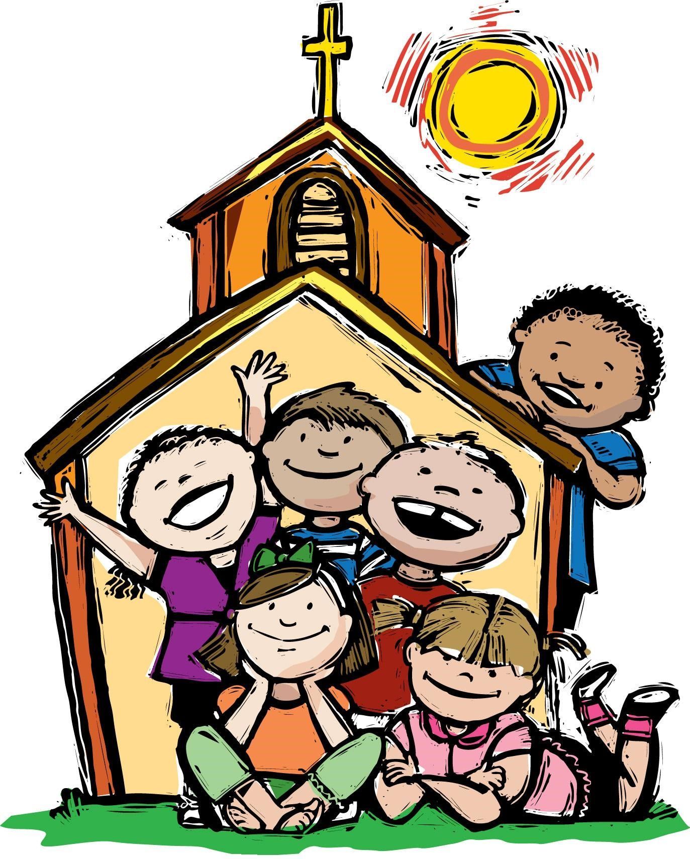 Cartoon of children smiling near a church building with a cross. Sun shining in the corner.