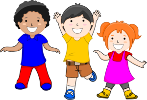 Three smiling children with different hair colors and outfits.