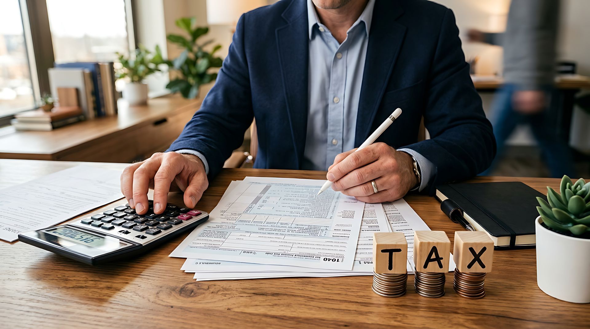 View of the torso of a tax consultant with papers, a calculator, and a pen, with the word tax writte