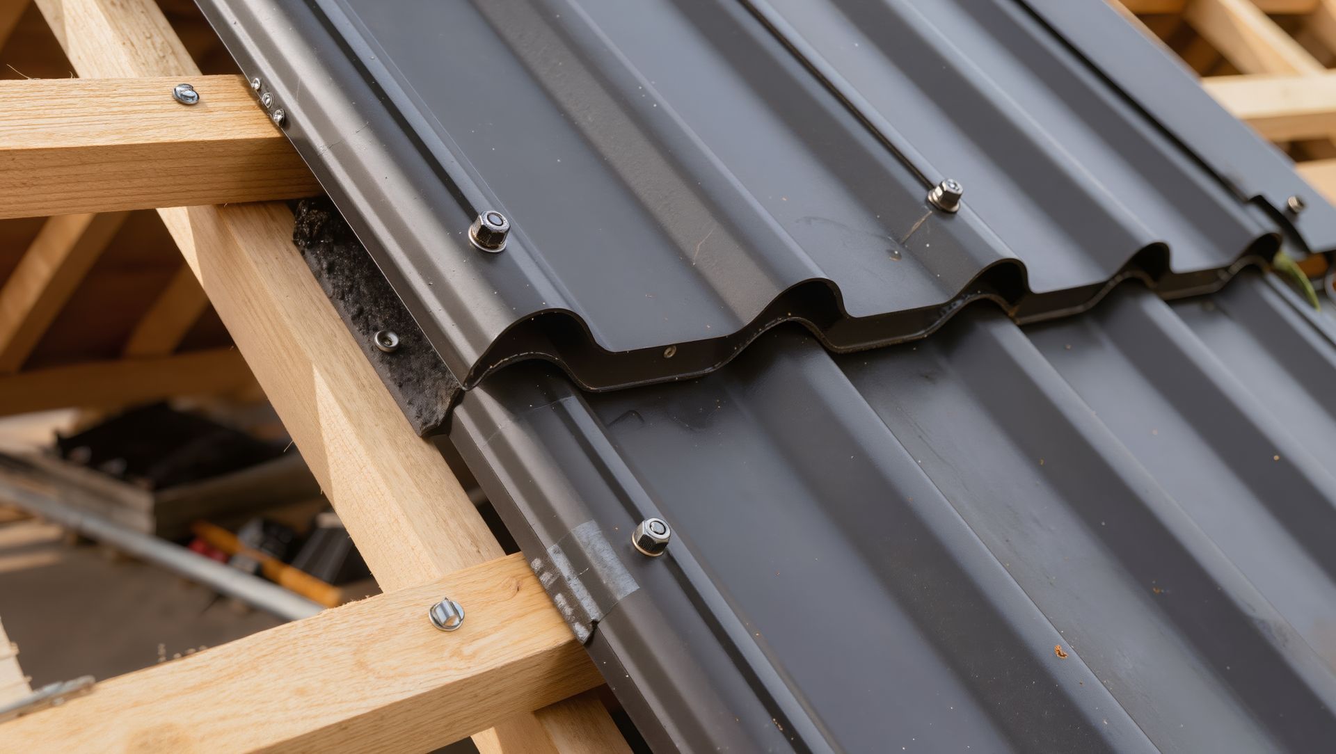 View of black metal roofing sheets secured with bolts on a new roof.
