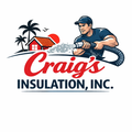 Logo for Craig's Insulation. A man spraying insulation towards a house, with a sunset and palm trees.