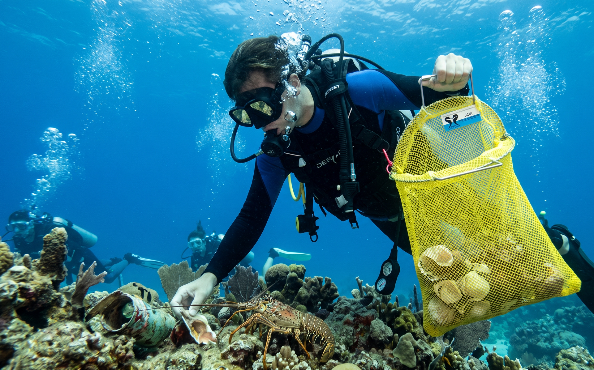 Scuba diver underwater collecting trash in a yellow mesh bag near a coral reef