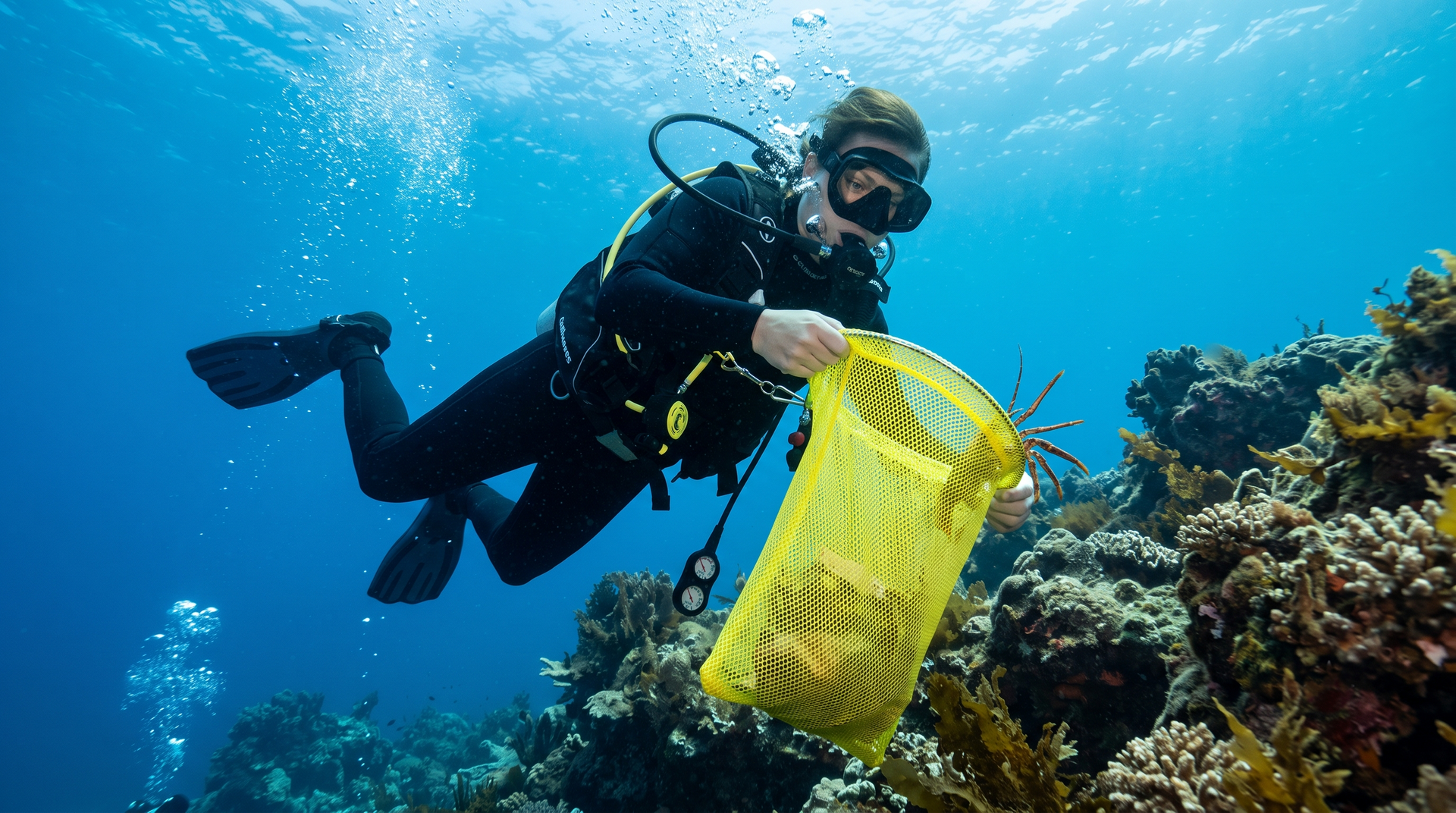 Scuba diver swimming underwater beside a coral reef, reaching for a yellow mesh trash bag