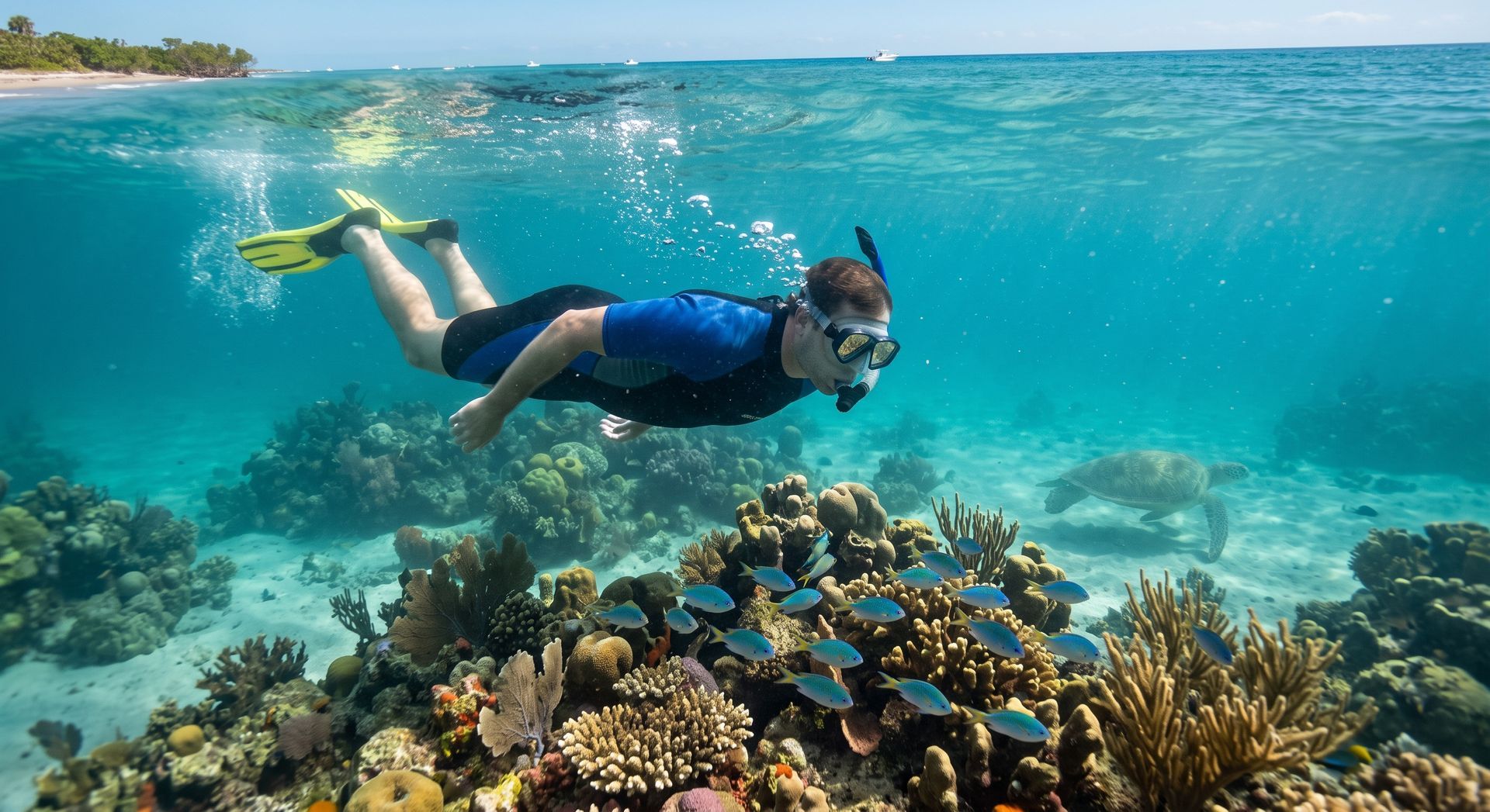 Snorkeler swimming over colorful coral reef in clear blue tropical water