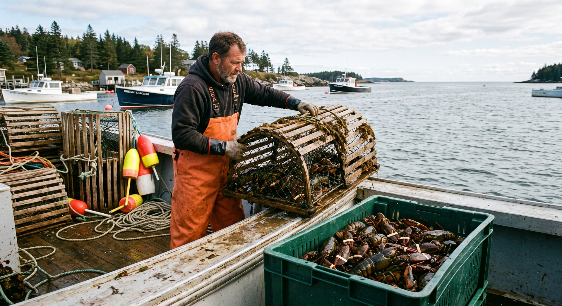 Fisherman unloading lobster traps on a dock beside a green bin and calm coastal water