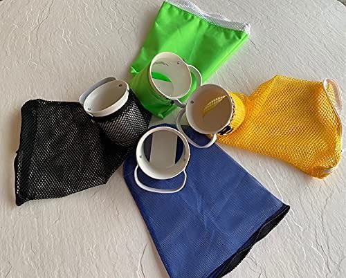 Colorful buckets with mesh bags arranged on a white surface.