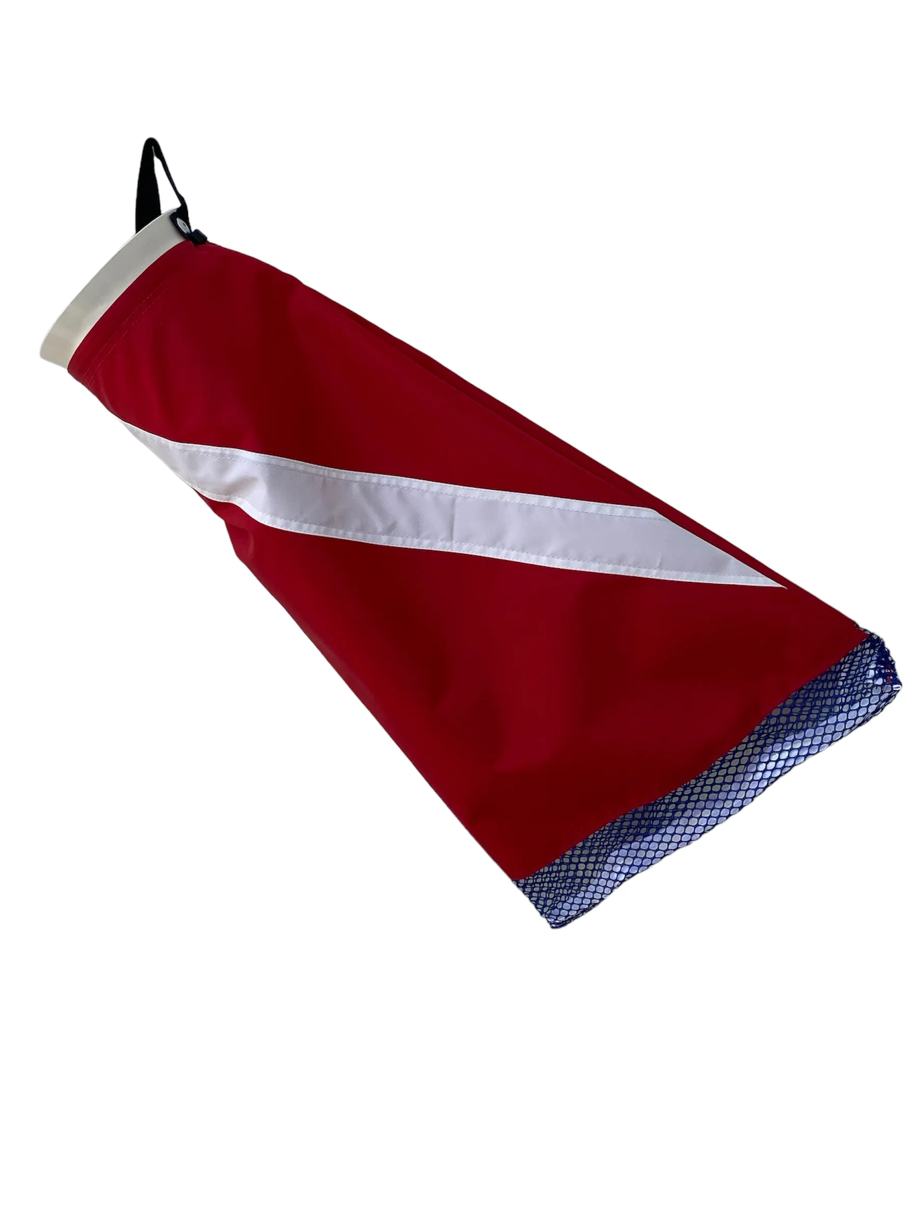 Red dive flag with white diagonal stripe, blue border, and black clip.