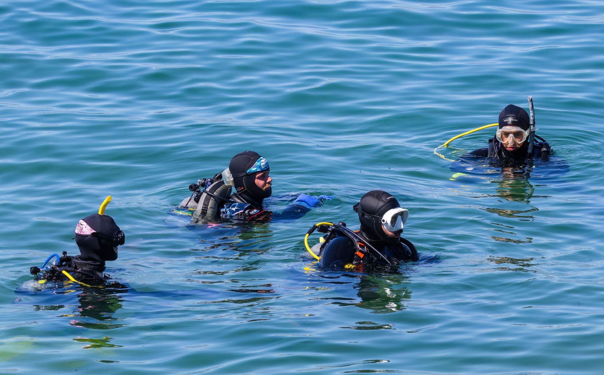 Four scuba divers in black wetsuits and blue gear float in calm blue water.