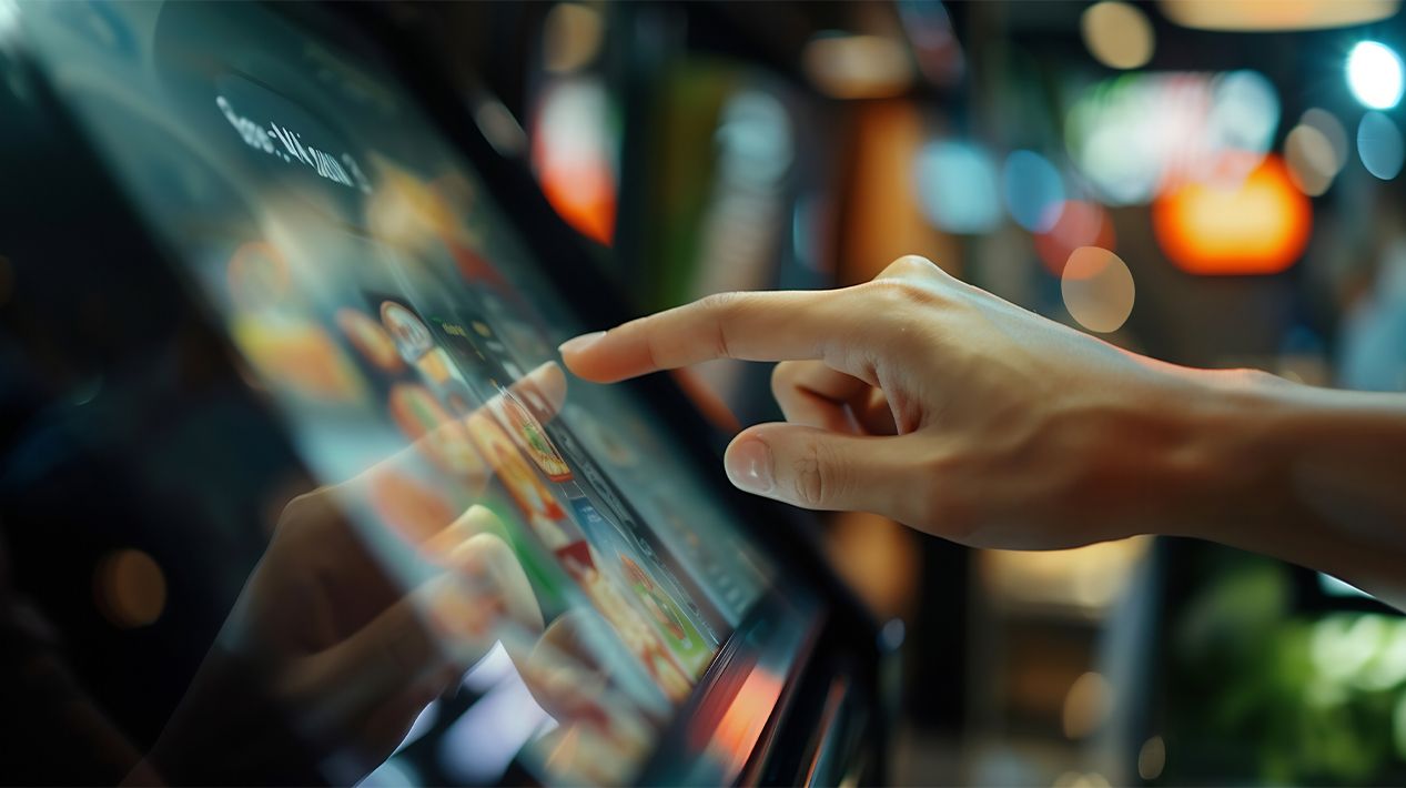 Person's hand touching a touchscreen in a restaurant, selecting menu items.