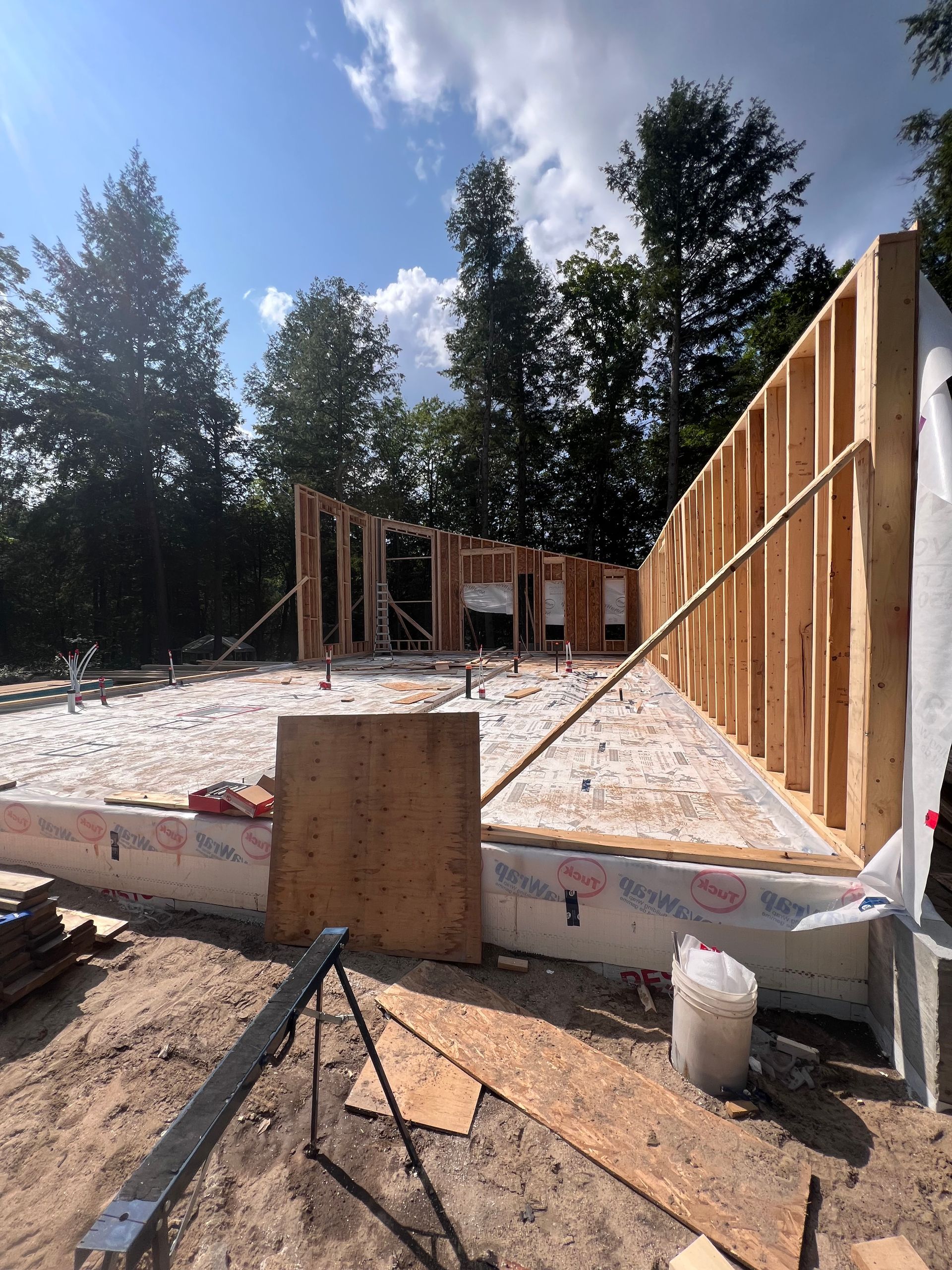 Maison à ossature bois en construction avec montants et fondations apparents sur un terrain boisé et ensoleillé