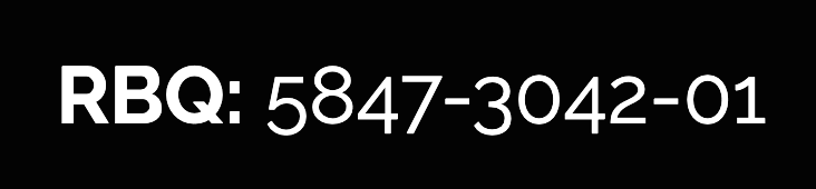 Texte blanc indiquant « RBQ : 5847-3042-01 » sur fond noir