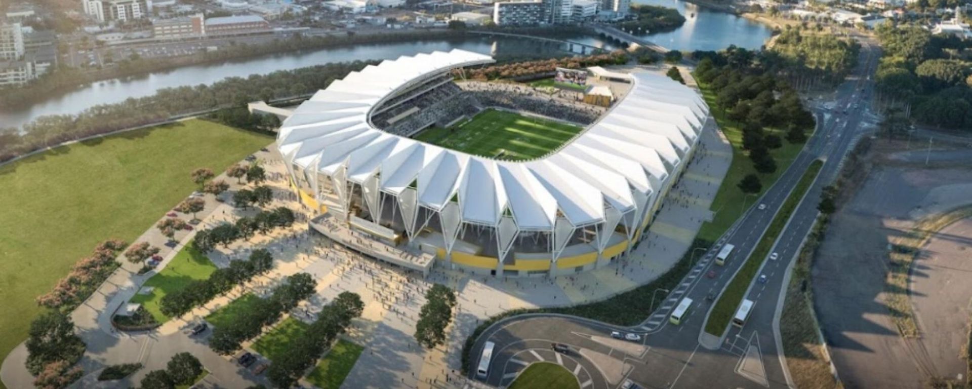 An Aerial View of A Soccer Stadium with A River in The Background — Townsville Stainless Steel in Garbutt, QLD