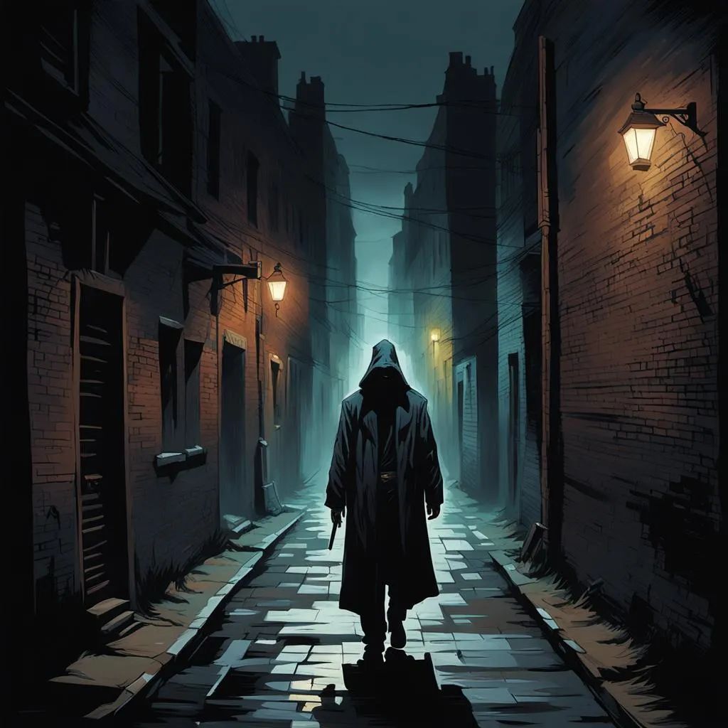 eerie scene of a man walking through a dark alley, holding something in his hand
